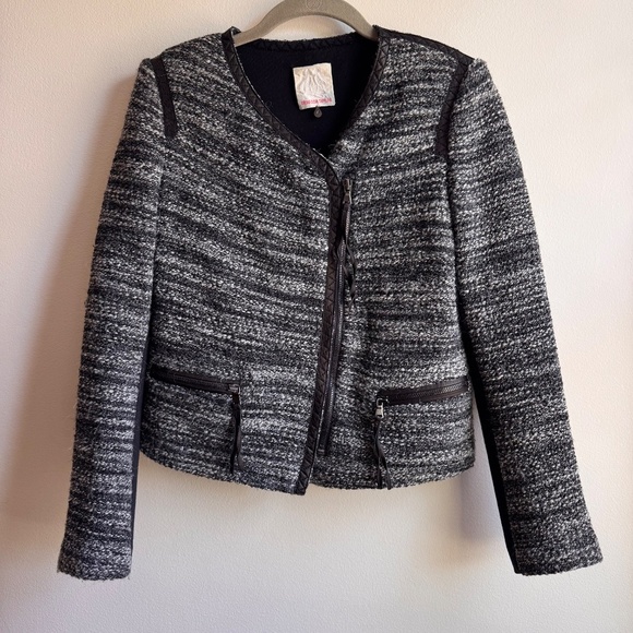 Rebecca Taylor Tweed & Leather Trim Moto Jacket Women's Size 4 - Picture 3 of 9